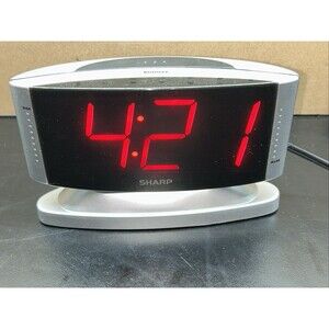 Sharp LED Digital Alarm Clock, Swivel Base, Silver Case, Red Display, SPC033